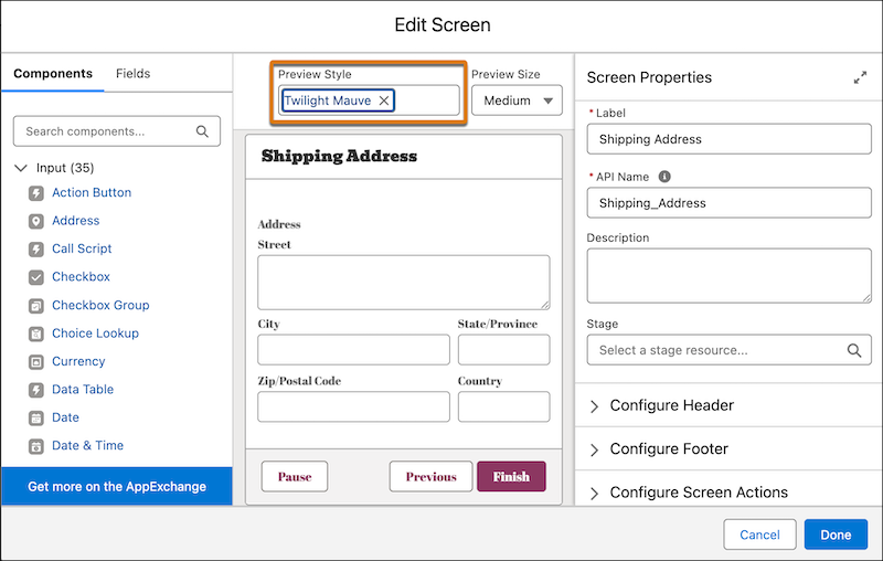 Experience Cloud Site Preview in Flow Builder: Edit Screen Window with "Twilight Mauve" selected as the Preview Style.
