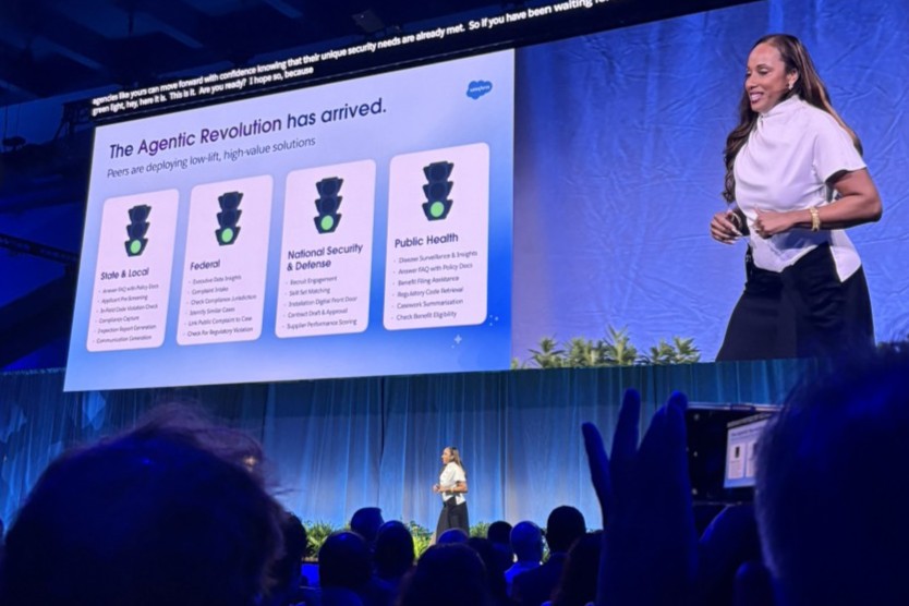 Slide titled, "The Agentic Revolution Has Arrived: Peers are deploying low-lift, high-value solutions" at the Dreamforce 2025 Public Sector Keynote.