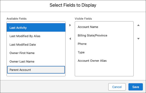 Type-Ahead Search for List Views: A window box titled "Select Fields to Display" that displays options of Available Fields that users can select to display for their List Views.