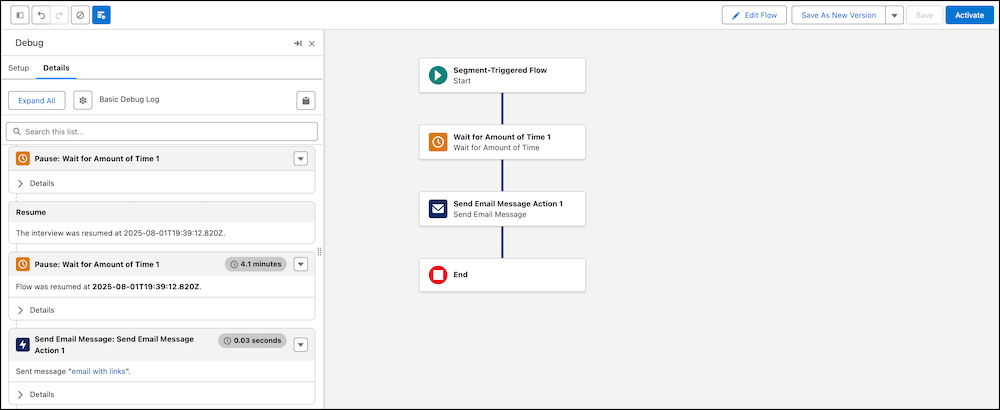 Updated Flow Debugger: Interface on Salesforce displaying the Flow Debugger update's resizable side panel and the debug results as cards with quick links to related flow elements.