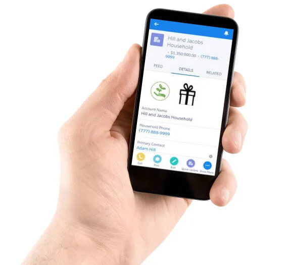 Hand holding a mobile phone displaying Salesforce badge and constituent information interface