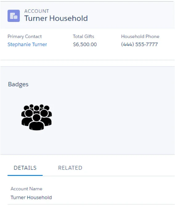 Salesforce account interface displaying constituent badges and household information
