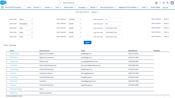 Salesforce dashboard displaying bulk interest management and constituent data records