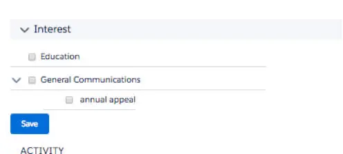 Salesforce interest selection interface showing constituent communication and education preferences