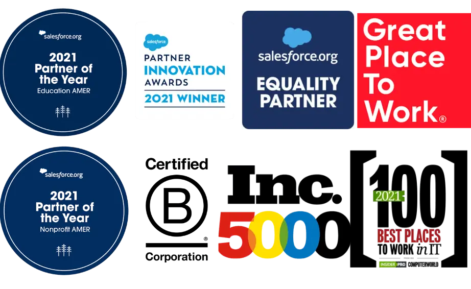 Collection of Cloud for Good awards, certifications, and workplace recognition badges