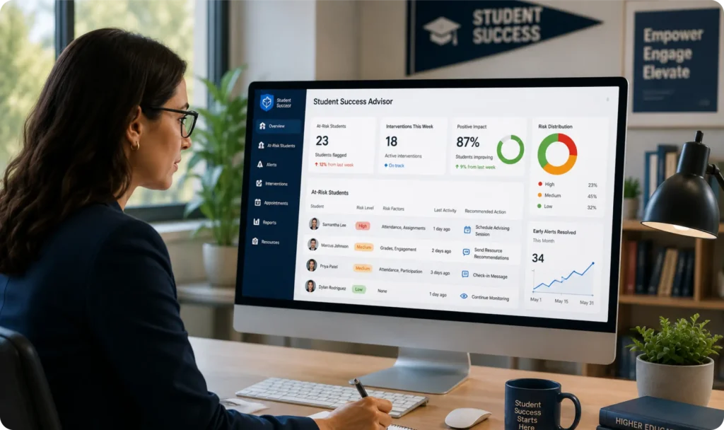Academic advisor using a real-time student risk monitoring dashboard powered by Agentforce to proactively identify and support at-risk students