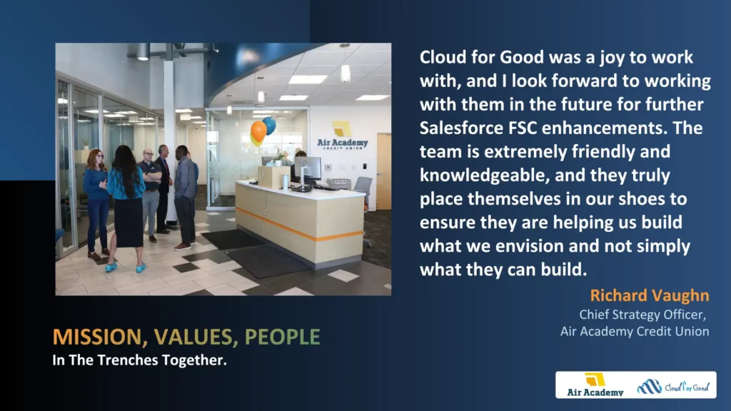 Cloud for Good team collaborating with Air Academy Credit Union leadership to build a member-focused Salesforce roadmap