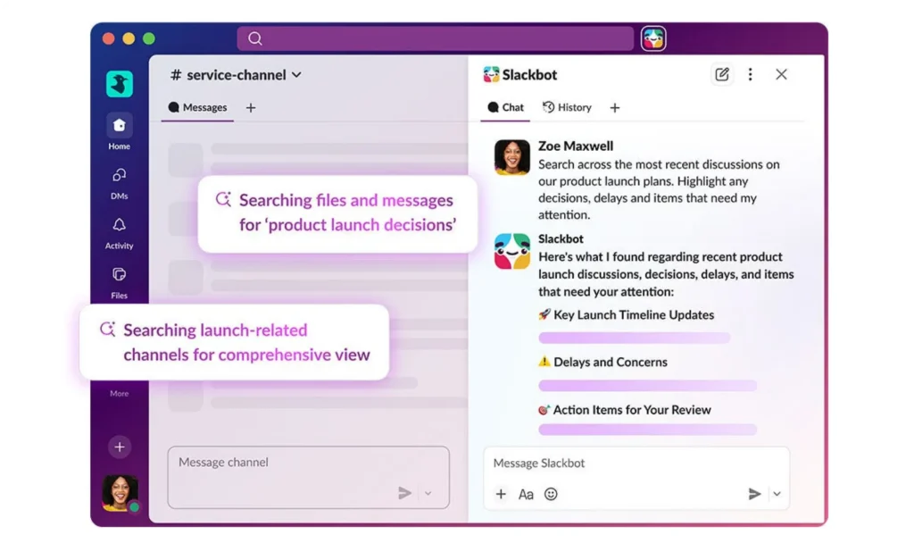 Slackbot inside Slack summarizing a thread and surfacing action items in the flow of work