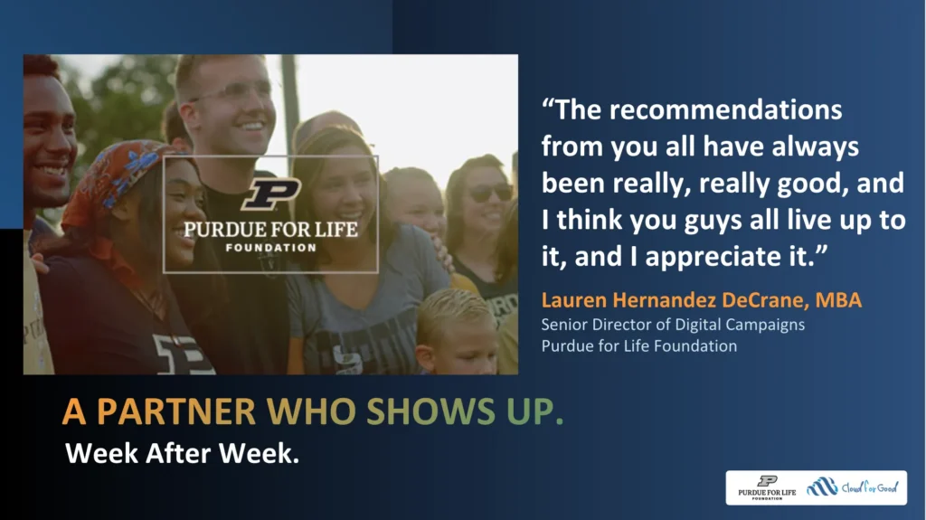 Endorsement from Lauren Hernandez DeCrane, Senior Director of Digital Campaigns at Purdue for Life Foundation, recommending Cloud for Good as a trusted Salesforce partner