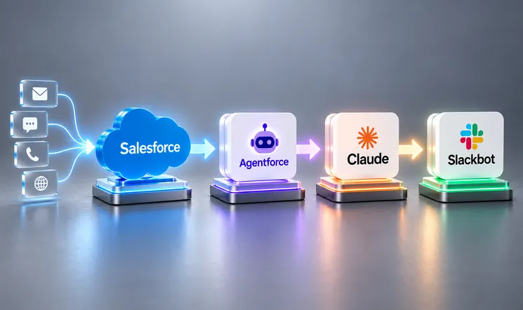 Flow diagram showing a constituent interaction moving through the full Claudeforce stack from Salesforce through Agentforce, Claude, and Slackbot