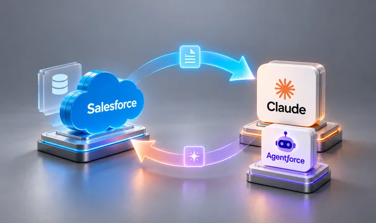 Bidirectional diagram showing Salesforce data flowing into Claude via the Salesforce in Claude plugin, and Claude powering Agentforce agents operating inside Salesforce