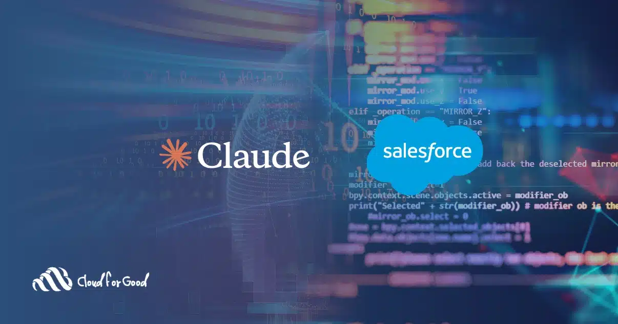 Two directional arrows between the Claude and Salesforce wordmarks representing the Claudeforce two-way partnership