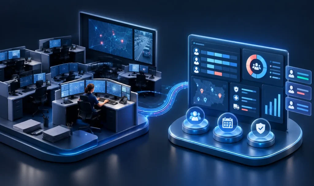Split image showing an understaffed 911 dispatch center alongside a modern real-time staffing dashboard, representing the gap between manual and connected workforce management
