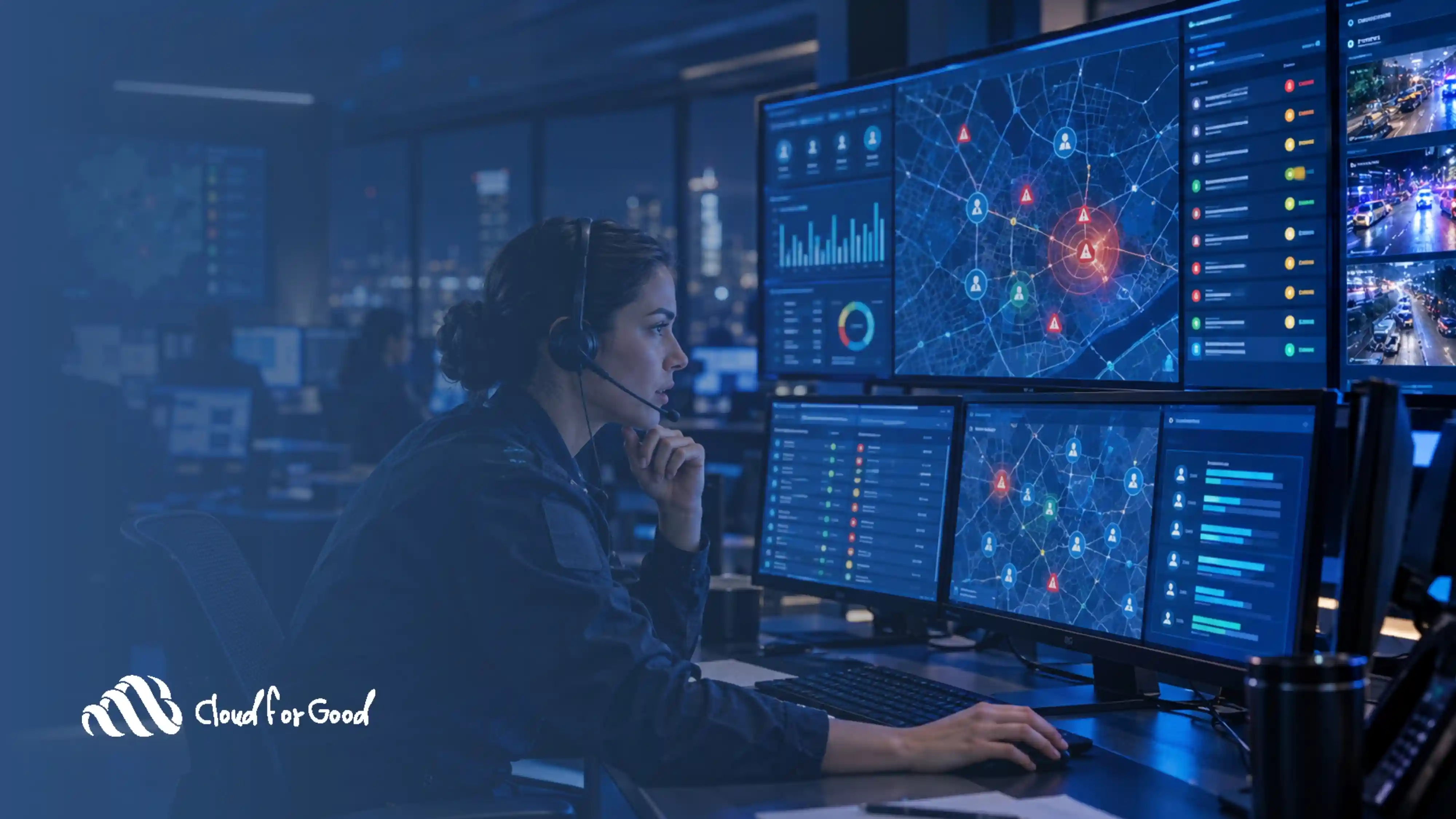 A public sector emergency operations center at night with live staffing and location data on screen, illustrating coordinated real-time response.