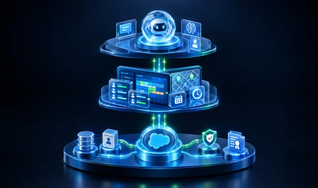 Diagram showing GoMeddo workforce scheduling running natively inside Salesforce, connected to the system of record and Agentforce AI, illustrating a single integrated platform for emergency dispatch. 