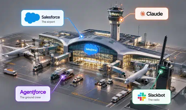 Airport analogy diagram mapping Salesforce to the airport, Agentforce to the ground crew, Claude to the air traffic controller, and Slackbot to the radio
