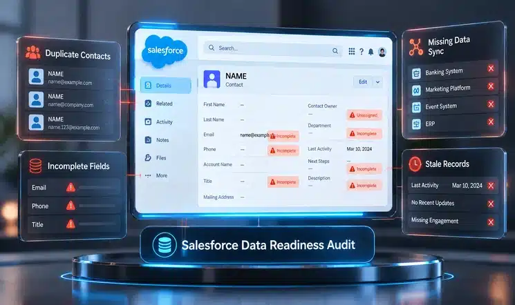 Stylized Salesforce record showing common data quality issues including duplicate contacts and incomplete field entries 