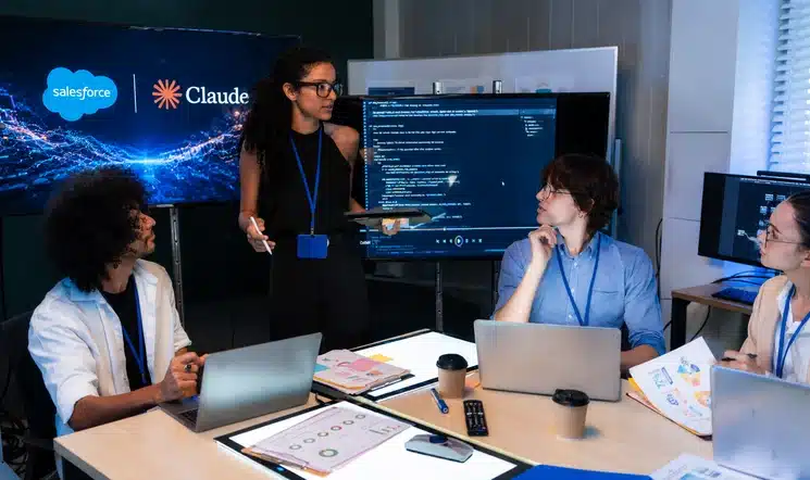 Screenshot or mockup of the Salesforce in Claude plugin showing live Salesforce data surfaced inside a Claude conversation